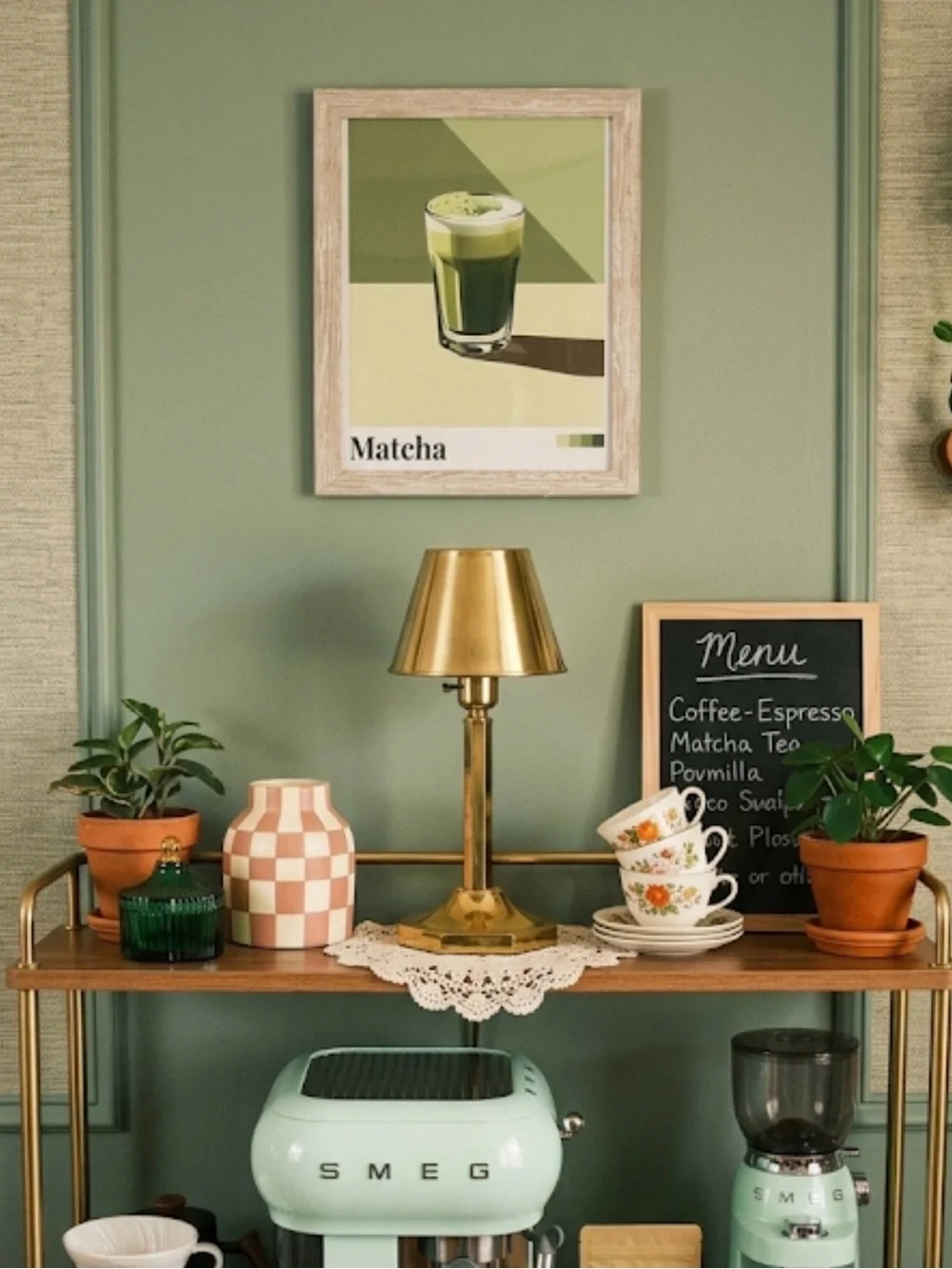 Retro Matcha Tea Green Toned Canvas Art Print Framed Wall Art Mid Century Art